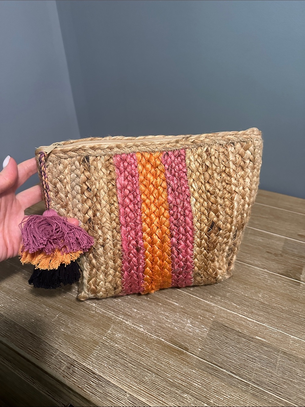 Woven Straw Zip Pouch with Pink and Orange Stripes